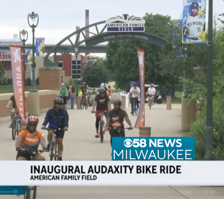 riders on bikes in the Audaxity Ride at American Family Field