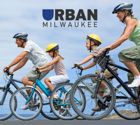 a family riding bikes in Milwaukee WIsconsin
